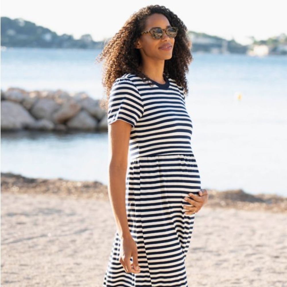 Seraphine Black and White Striped Midi Dress